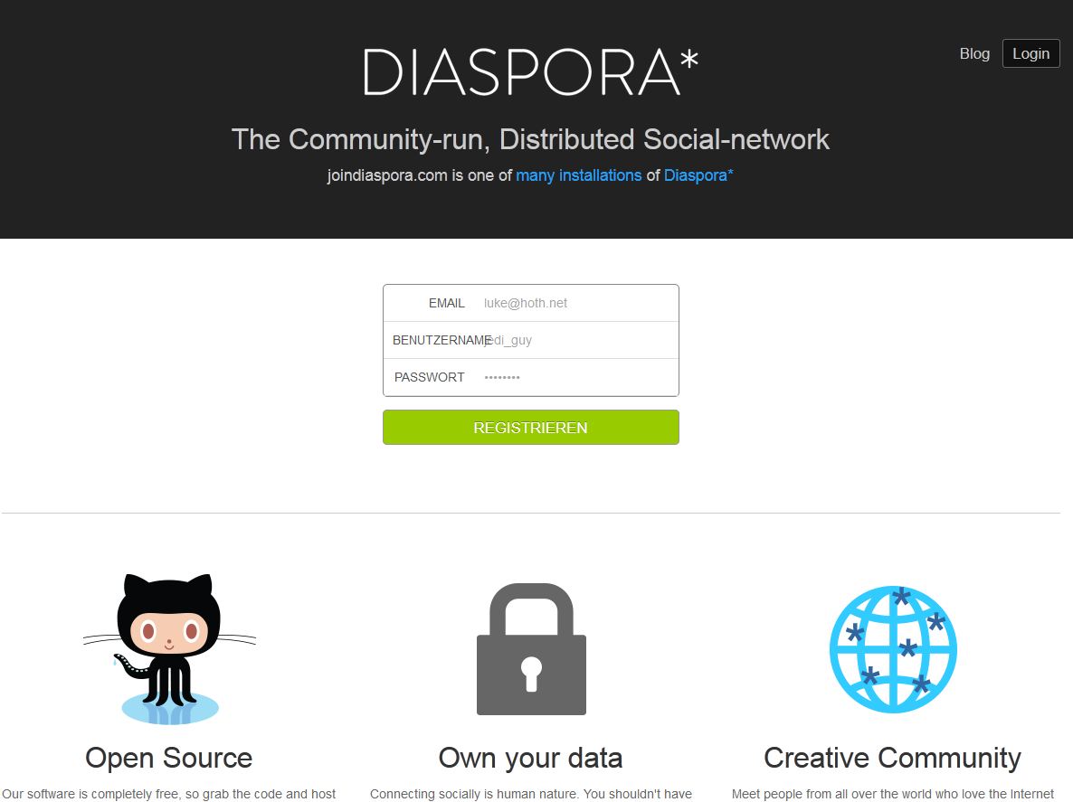 Screenshot des Netzwerks Diaspora